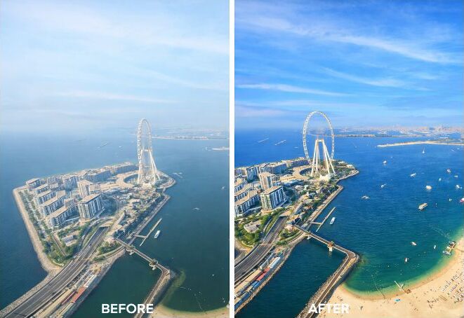 Before and after photo enhancement of a Dubai waterfront property