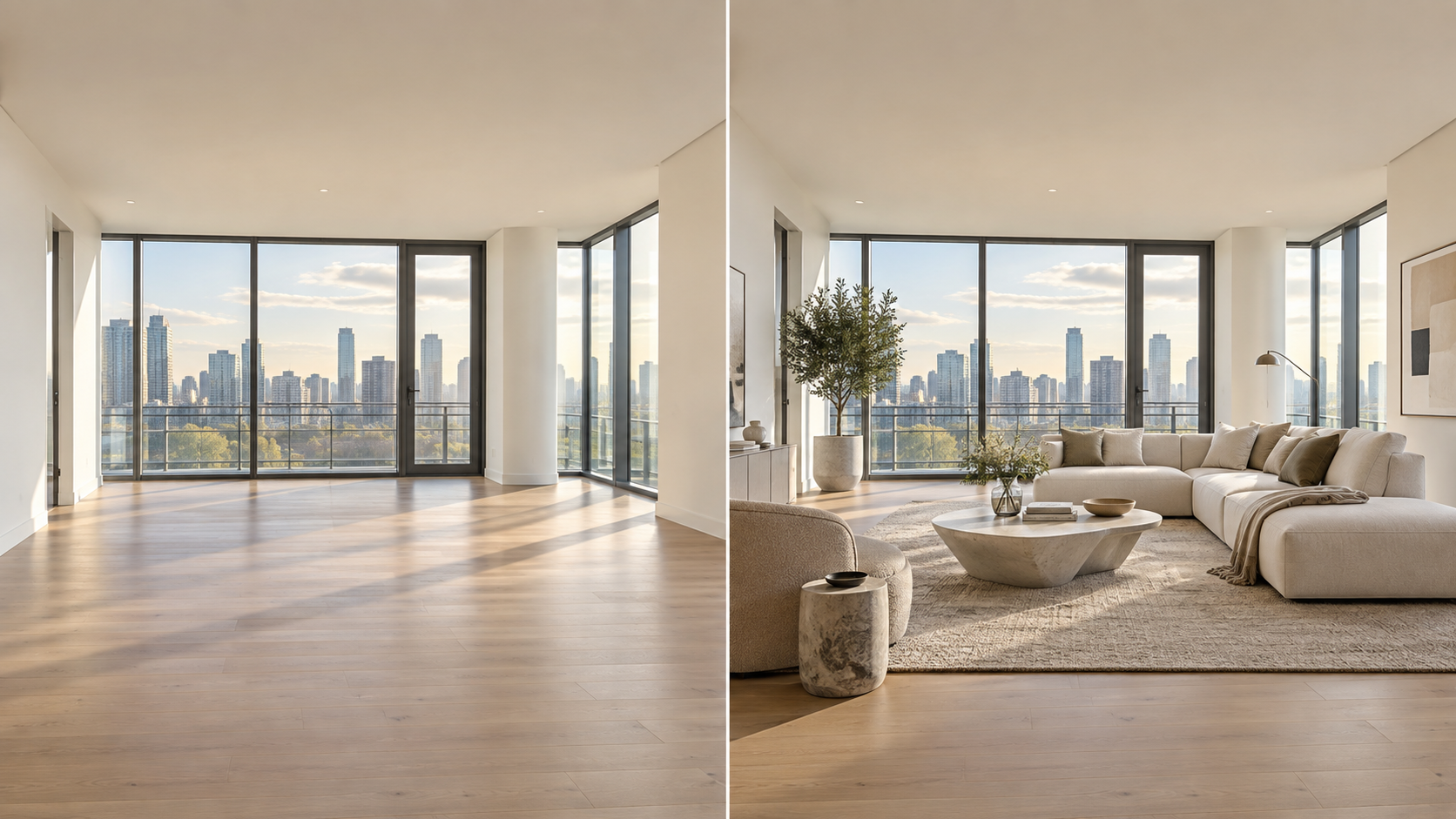 Generated demonstration of an unfurnished living room beside a virtually staged version